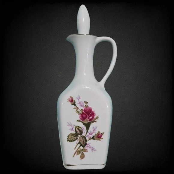 1950s Vintage Porcelain Decanter Floral Gold Trim Cork Stopper Mid-Century Cruet - Picture 2 of 16
